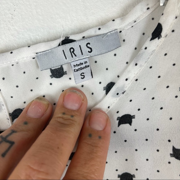 Iris Cat Face Print Cap Sleeve Blouse Kawaii Size S - Picture 9 of 10